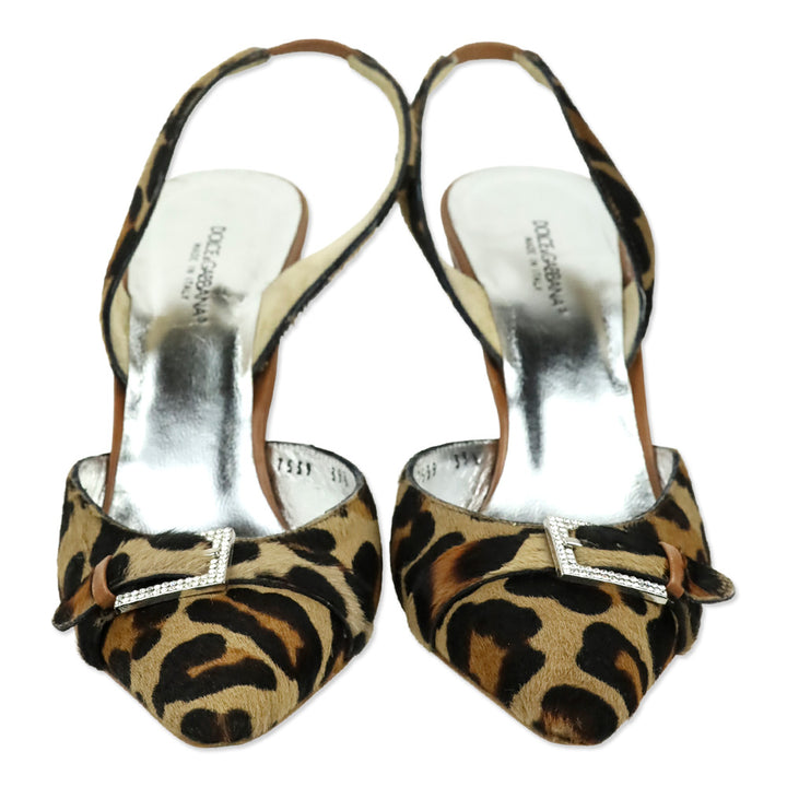 Dolce & Gabbana Leopard Print Calf Hair Crystal Buckle Kitten Heel