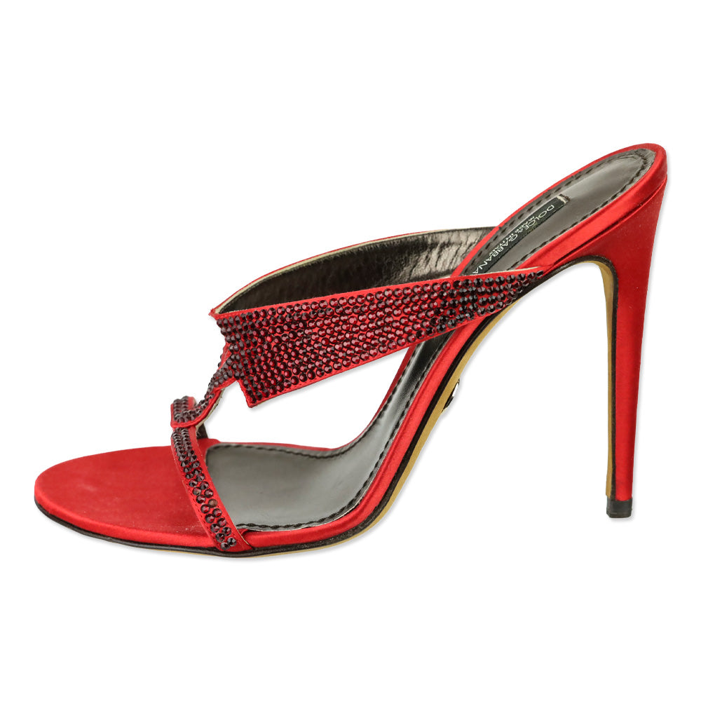 Dolce & Gabbana Red Satin Pave Crystal Criss Cross Mule Sandal
