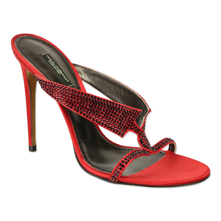 Dolce & Gabbana Red Satin Pave Crystal Criss Cross Mule Sandal