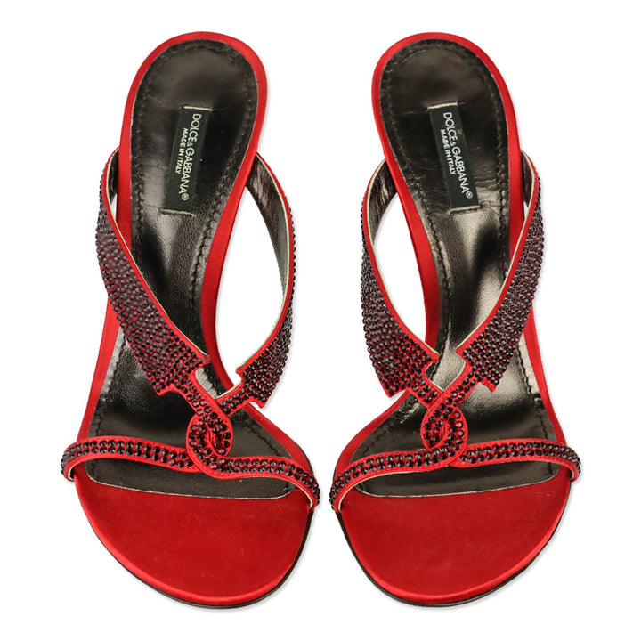 Dolce & Gabbana Red Satin Pave Crystal Criss Cross Mule Sandal