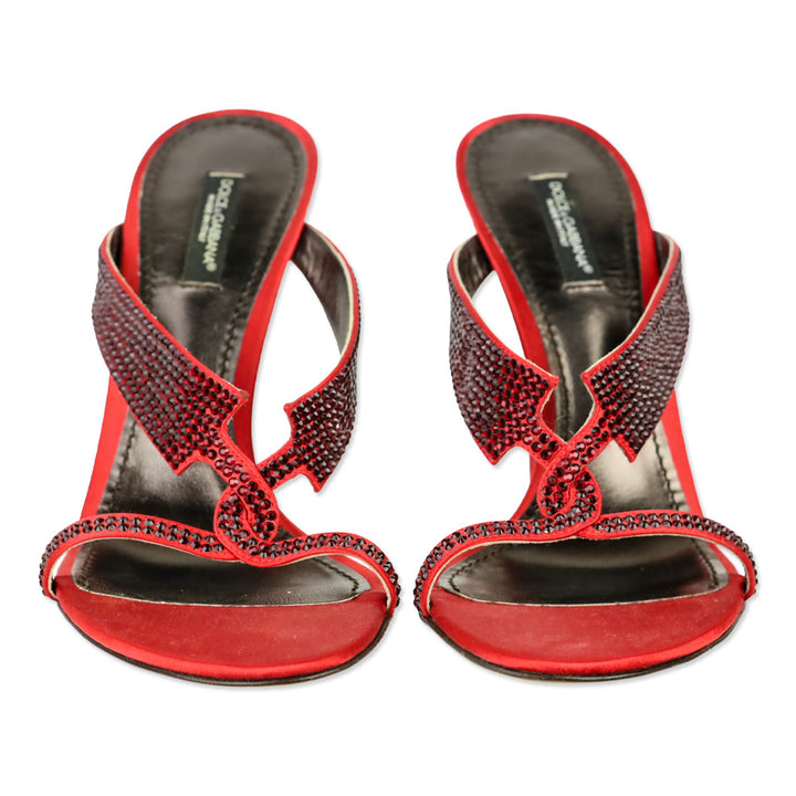 Dolce & Gabbana Red Satin Pave Crystal Criss Cross Mule Sandal