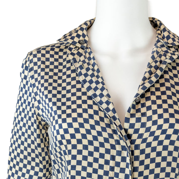 Dolce & Gabbana Silk Blue and Ivory Checkered Button Down Blouse