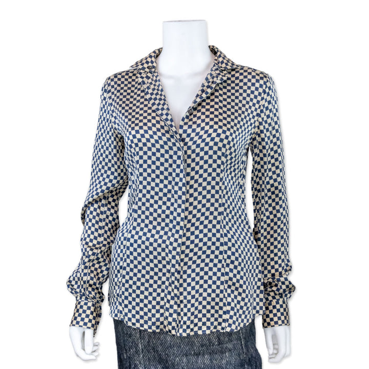 Dolce & Gabbana Silk Blue and Ivory Checkered Button Down Blouse