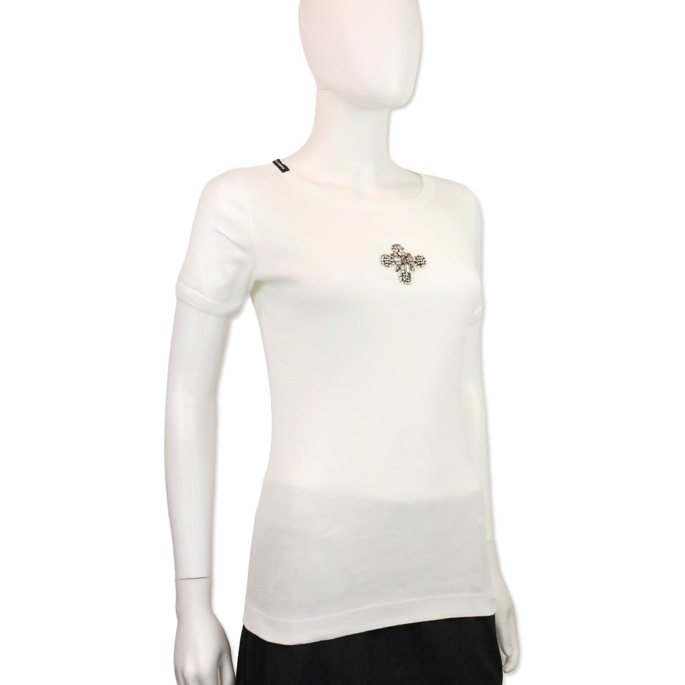 Dolce & Gabbana White Crystal Cross T-Shirt Top
