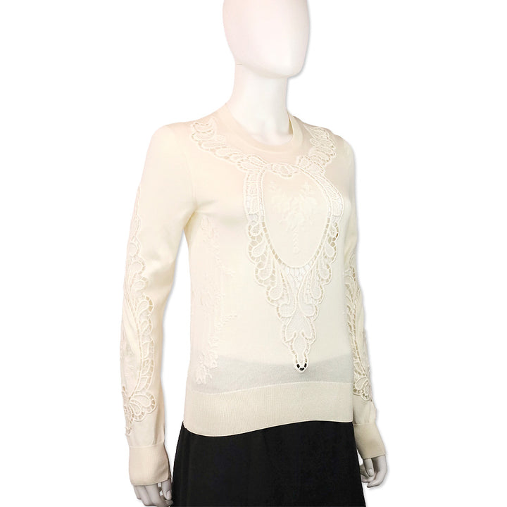 Dolce & Gabbana White Knit Floral Eyelet Long Sleeve Sweater