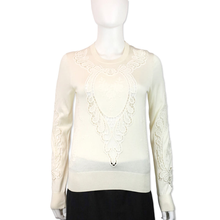 Dolce & Gabbana White Knit Floral Eyelet Long Sleeve Sweater