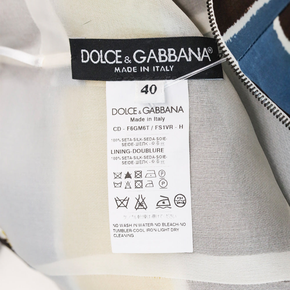 Dolce & Gabbana Yellow/Brown/Blue Striped Silk Sleeveless Square Neck Midi Dress