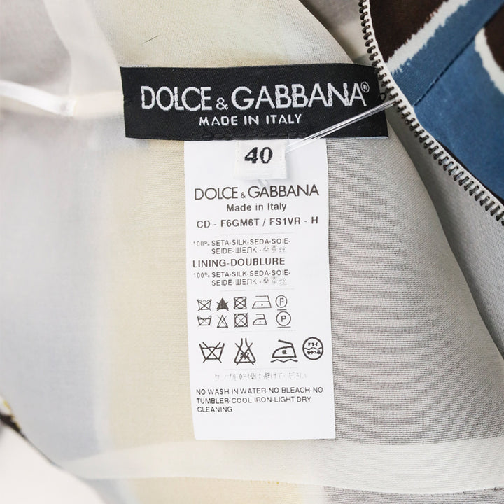 Dolce & Gabbana Yellow/Brown/Blue Striped Silk Sleeveless Square Neck Midi Dress