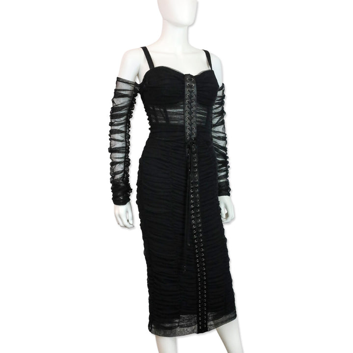 Dolce & Gabbana Fall 2018 RTW Black Ruched Tulle Lace-Up Corset Midi Dress