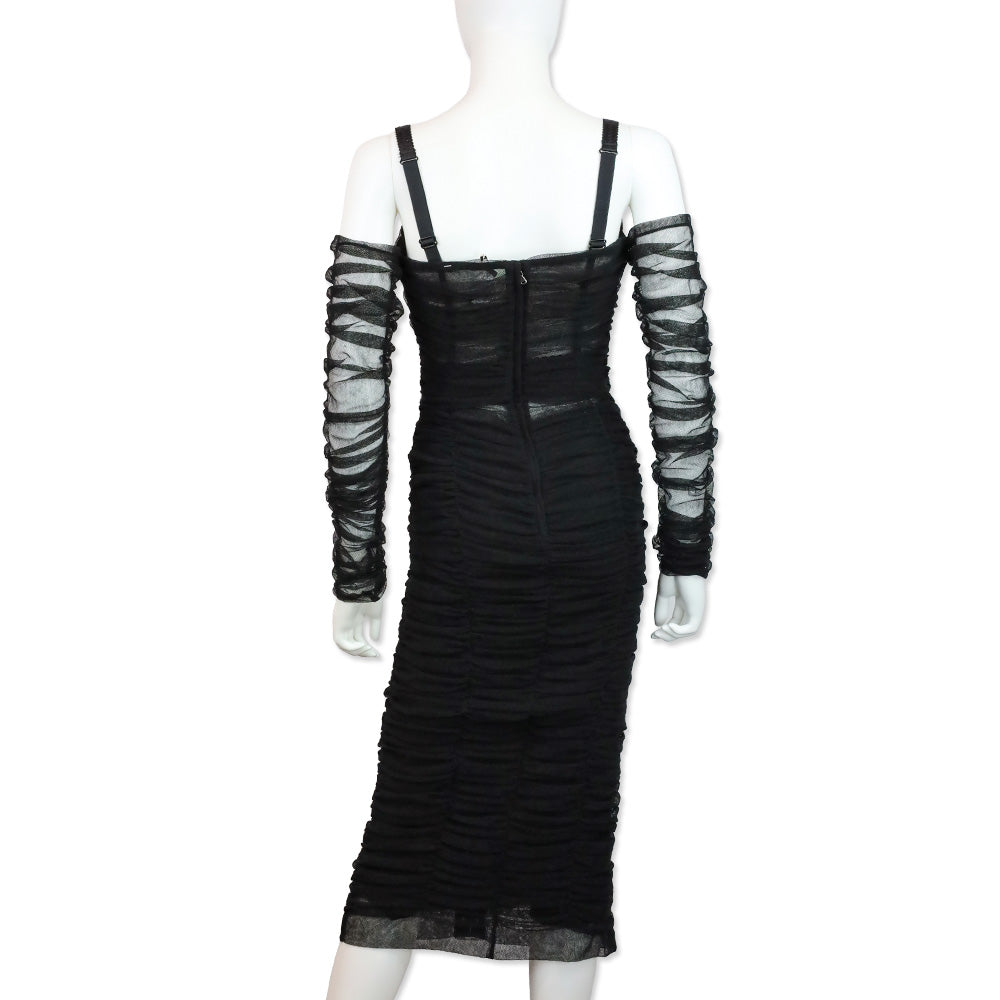 Dolce & Gabbana Fall 2018 RTW Black Ruched Tulle Lace-Up Corset Midi Dress