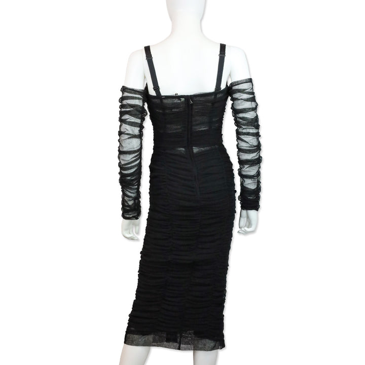 Dolce & Gabbana Fall 2018 RTW Black Ruched Tulle Lace-Up Corset Midi Dress