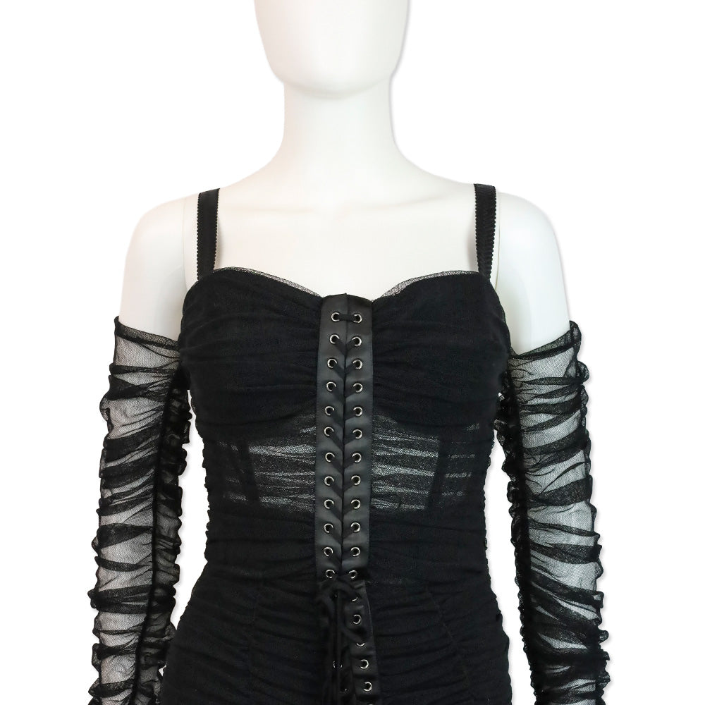 Dolce & Gabbana Fall 2018 RTW Black Ruched Tulle Lace-Up Corset Midi Dress