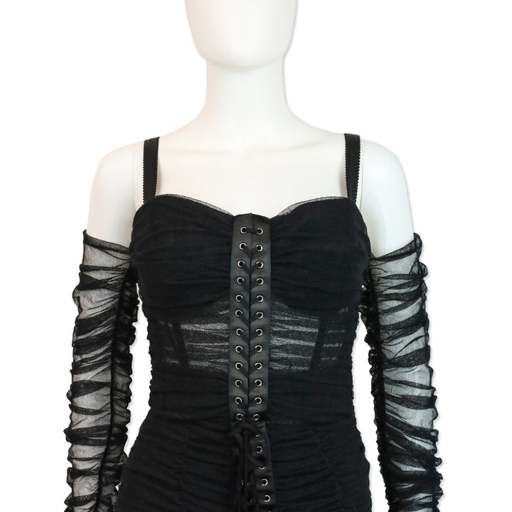 Dolce & Gabbana Fall 2018 RTW Black Ruched Tulle Lace-Up Corset Midi Dress