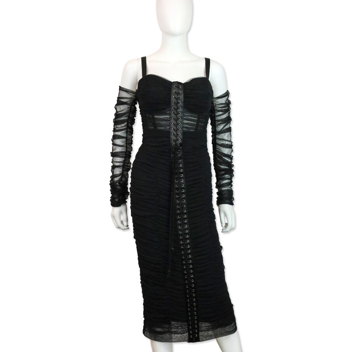 Dolce & Gabbana Fall 2018 RTW Black Ruched Tulle Lace-Up Corset Midi Dress
