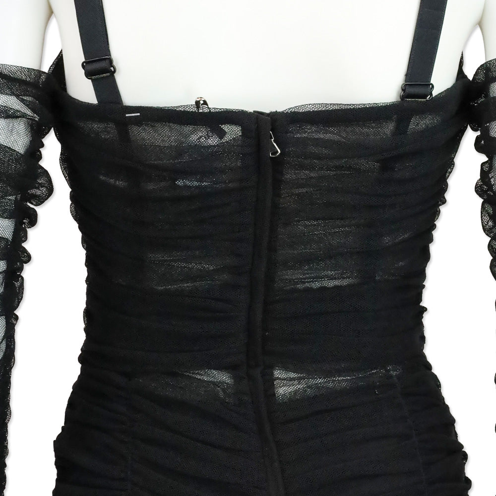 Dolce & Gabbana Fall 2018 RTW Black Ruched Tulle Lace-Up Corset Midi Dress