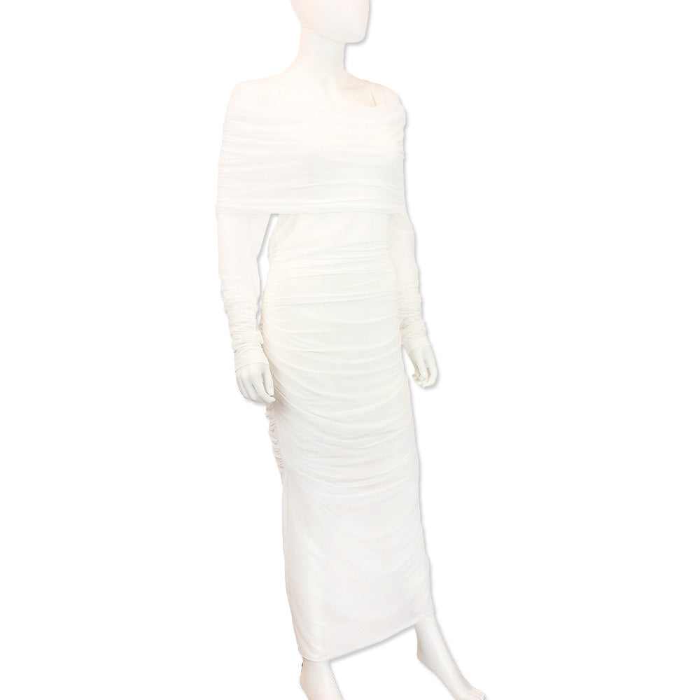 Dolce & Gabbana x Kim White Ruched Tulle Off-The-Shoulder Midi Dress