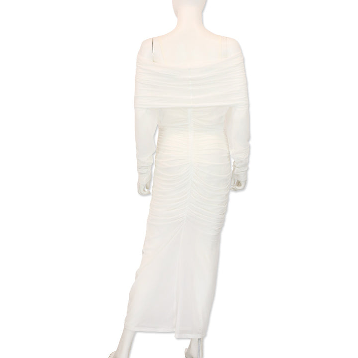 Dolce & Gabbana x Kim White Ruched Tulle Off-The-Shoulder Midi Dress