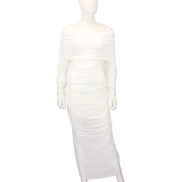 Dolce & Gabbana x Kim White Ruched Tulle Off-The-Shoulder Midi Dress