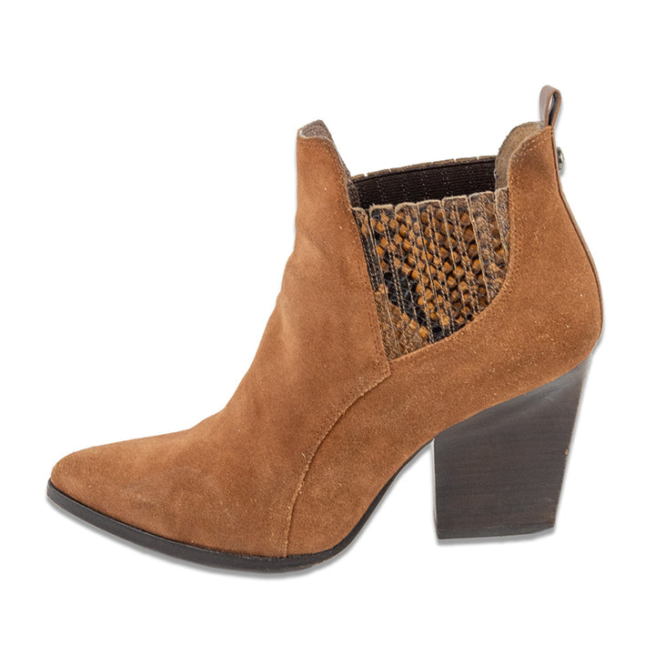 Donald J. Pilner Vale Chestnut Oily Suede Snakeskin Accent Mid Heel Ankle Booties