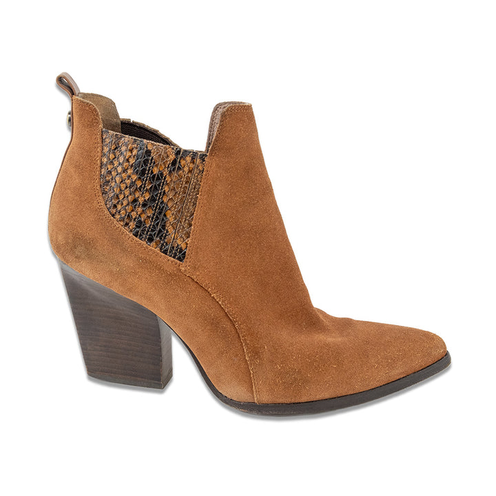 Donald J. Pilner Vale Chestnut Oily Suede Snakeskin Accent Mid Heel Ankle Booties