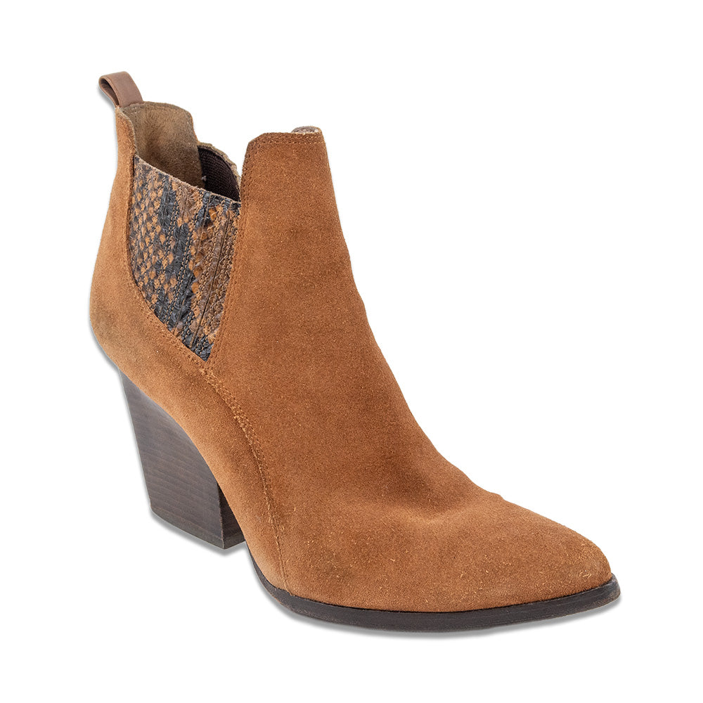 Donald J. Pilner Vale Chestnut Oily Suede Snakeskin Accent Mid Heel Ankle Booties