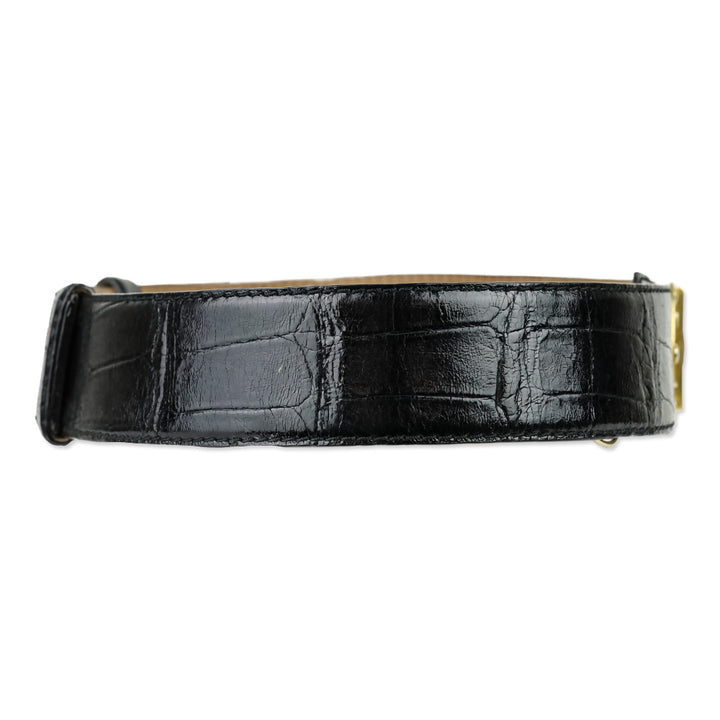 Donna Karan Black Alligator Embossed Glossy Leather Push Lock Wide Belt