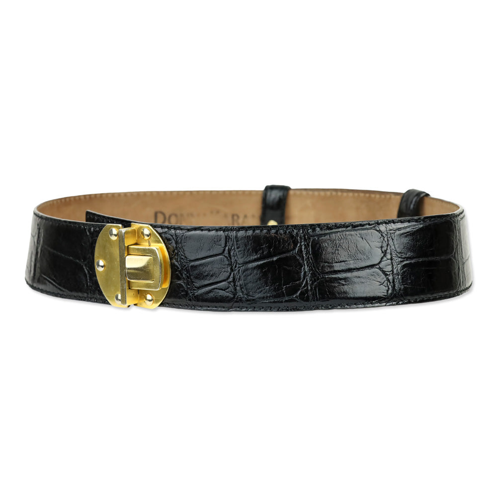 Donna Karan Black Alligator Embossed Glossy Leather Push Lock Wide Belt
