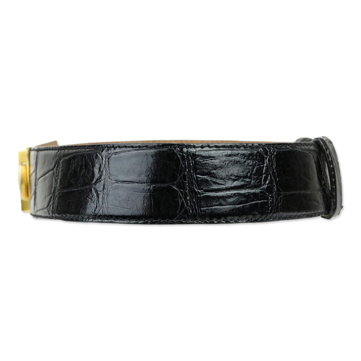 Donna Karan Black Alligator Embossed Glossy Leather Push Lock Wide Belt