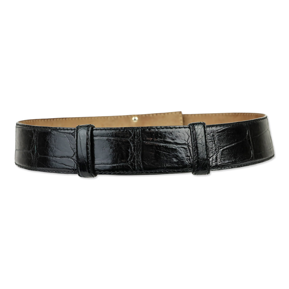 Donna Karan Black Alligator Embossed Glossy Leather Push Lock Wide Belt