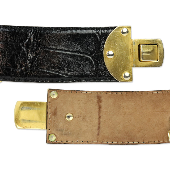 Donna Karan Black Alligator Embossed Glossy Leather Push Lock Wide Belt