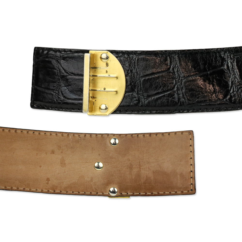 Donna Karan Black Alligator Embossed Glossy Leather Push Lock Wide Belt