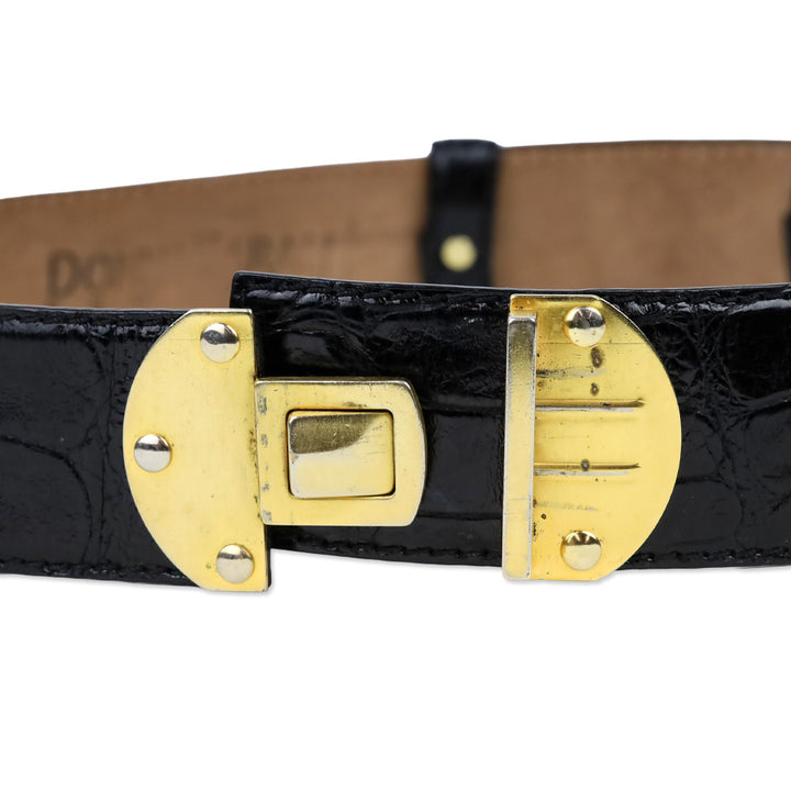 Donna Karan Black Alligator Embossed Glossy Leather Push Lock Wide Belt