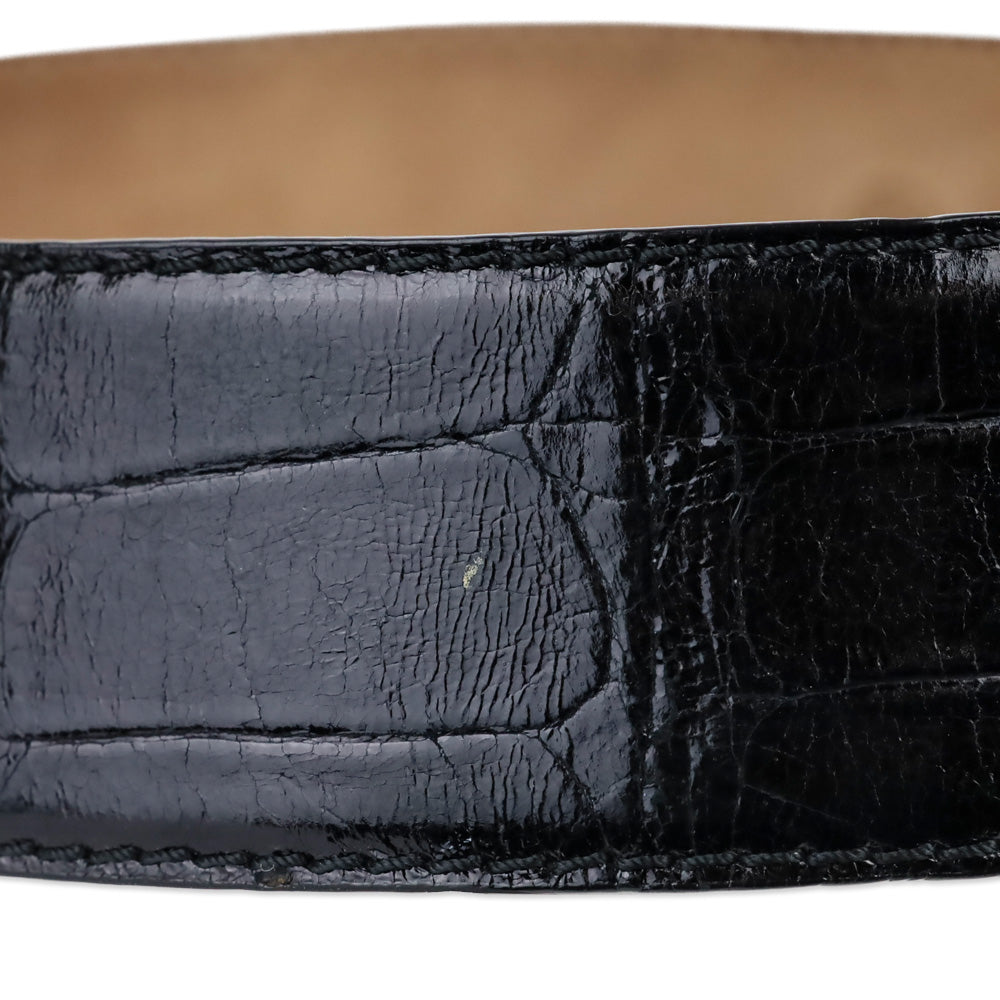 Donna Karan Black Alligator Embossed Glossy Leather Push Lock Wide Belt