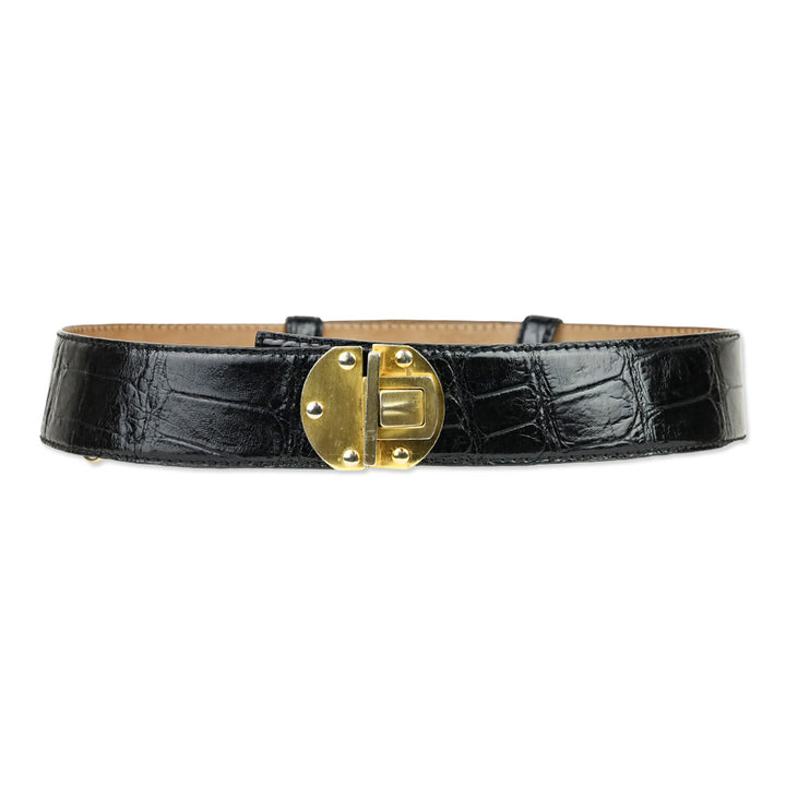 Donna Karan Black Alligator Embossed Glossy Leather Push Lock Wide Belt