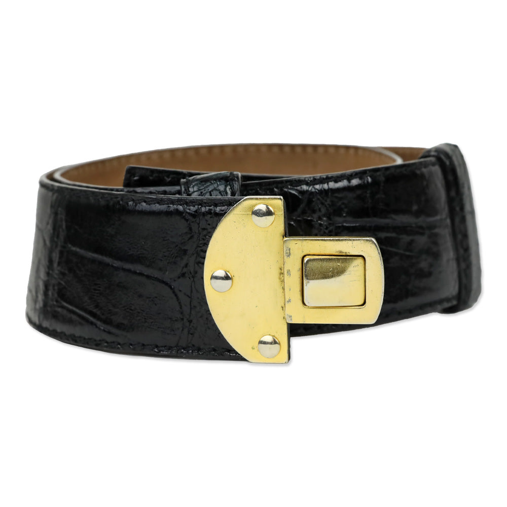 Donna Karan Black Alligator Embossed Glossy Leather Push Lock Wide Belt
