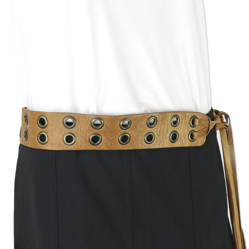Donna Karan Wide Brown Leather Double Grommet Tie Belt