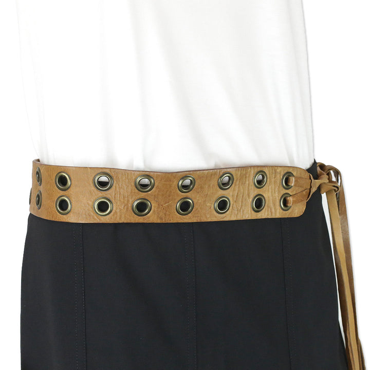 Donna Karan Wide Brown Leather Double Grommet Tie Belt