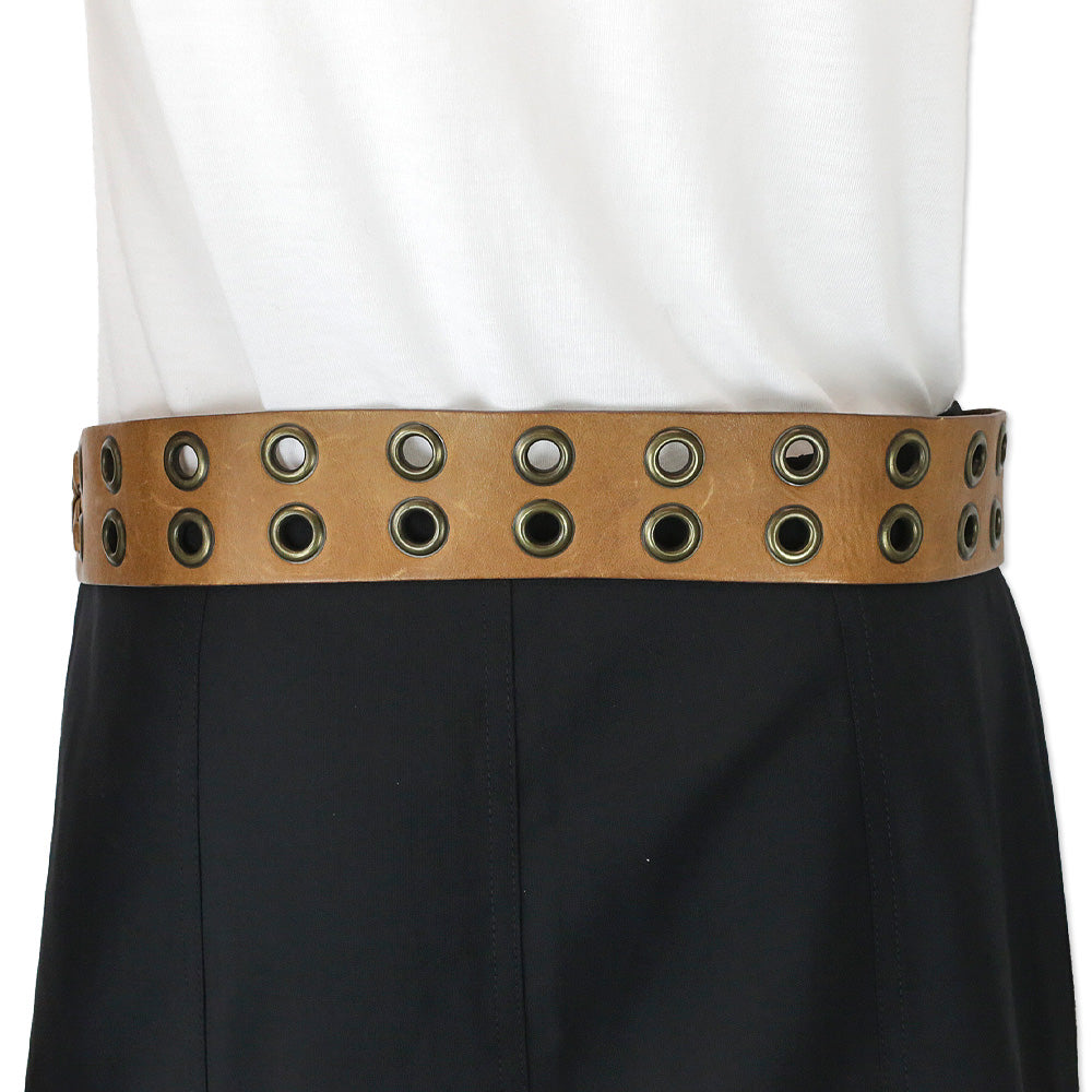 Donna Karan Wide Brown Leather Double Grommet Tie Belt