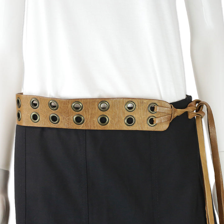 Donna Karan Wide Brown Leather Double Grommet Tie Belt