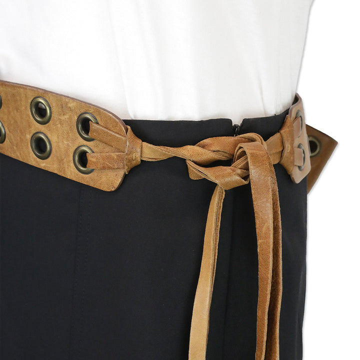 Donna Karan Wide Brown Leather Double Grommet Tie Belt