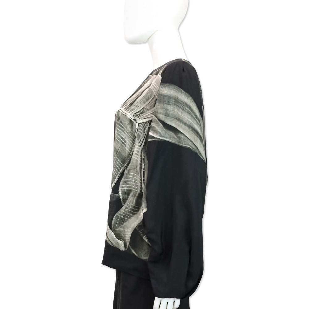Dries Van Noten Black Woven Fabric Print Long Sleeve Blouse