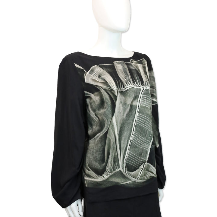 Dries Van Noten Black Woven Fabric Print Long Sleeve Blouse