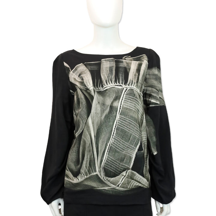 Dries Van Noten Black Woven Fabric Print Long Sleeve Blouse