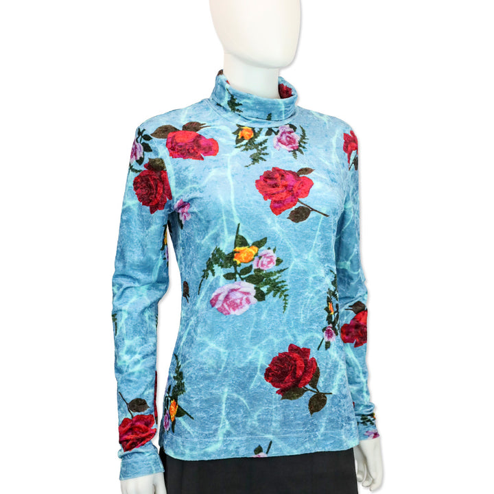Dries Van Noten Blue Rose Crushed Velvet Turtleneck Top