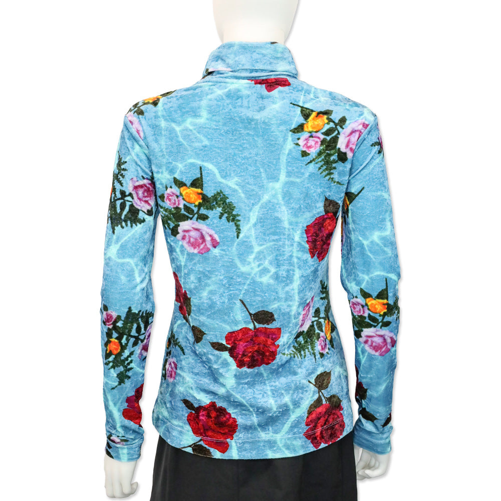 Dries Van Noten Blue Rose Crushed Velvet Turtleneck Top