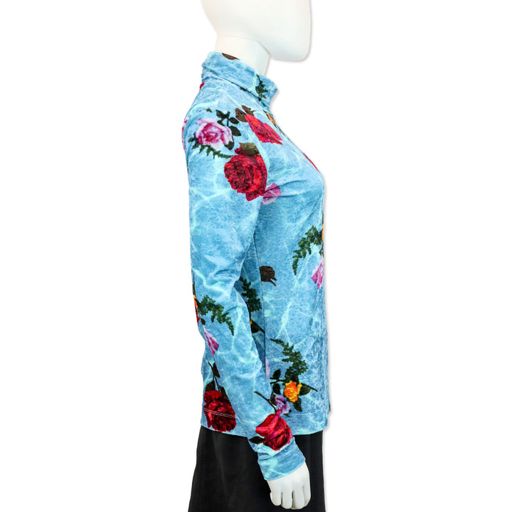 Dries Van Noten Blue Rose Crushed Velvet Turtleneck Top