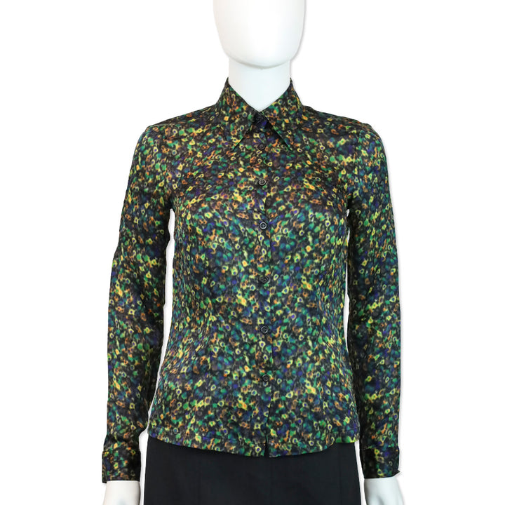 Dries Van Noten Multicolor Blur Dot Print Silk Button Up Blouse