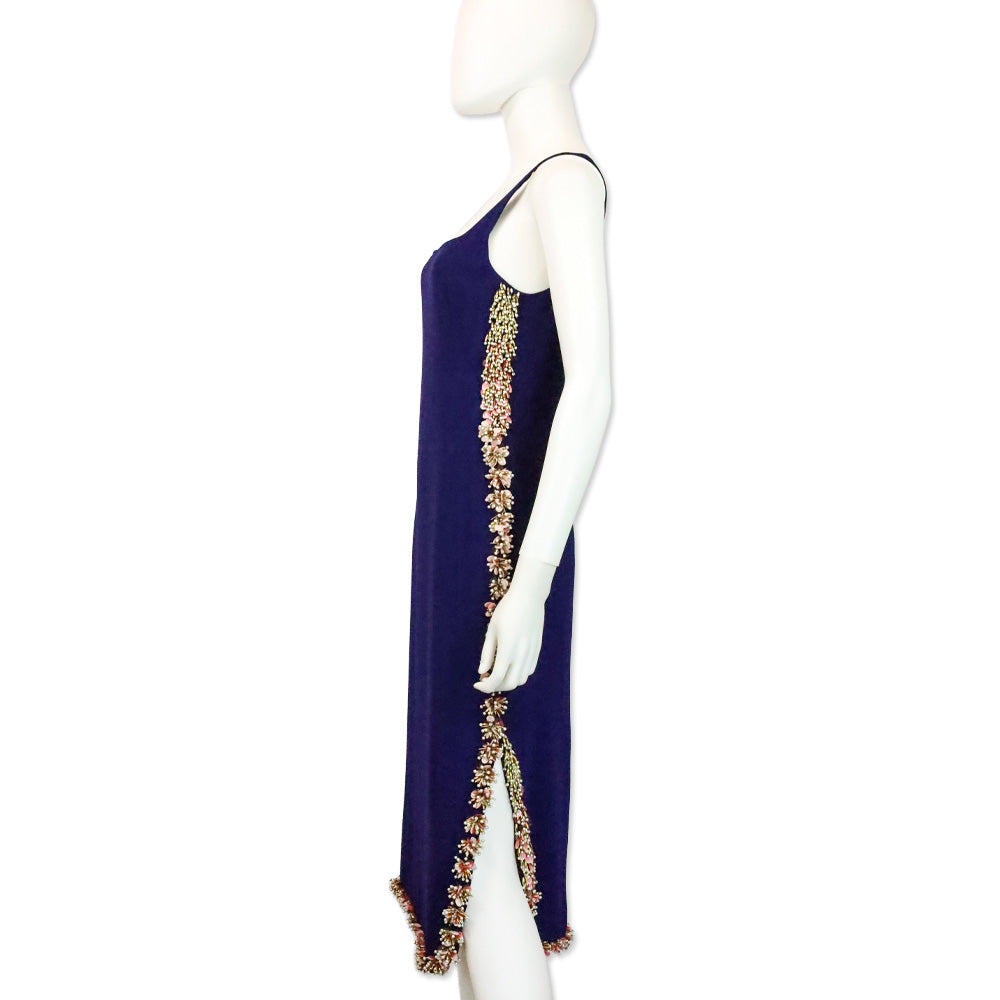 Dries Van Noten Purple Floral Beaded Sleeveless Midi Dress