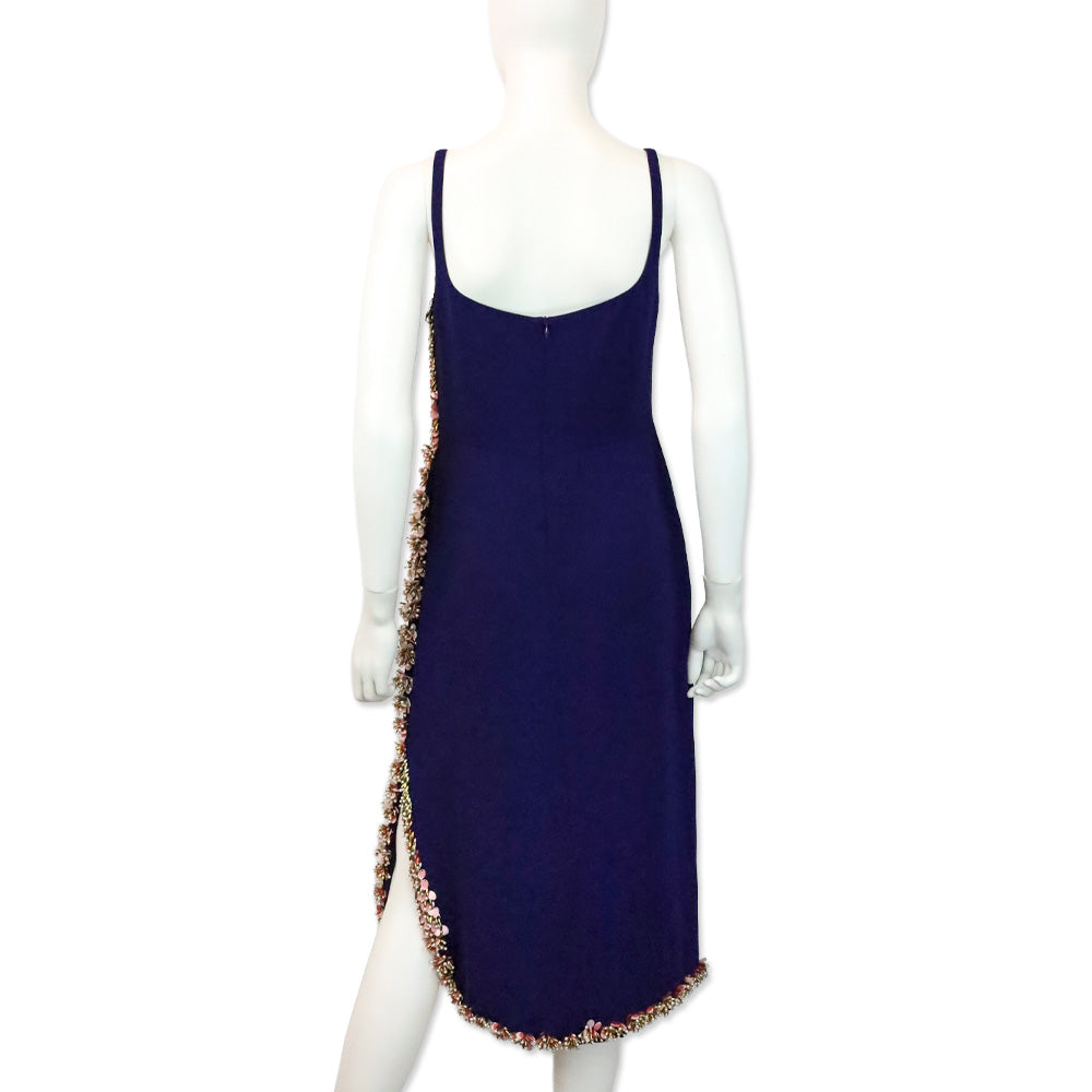 Dries Van Noten Purple Floral Beaded Sleeveless Midi Dress