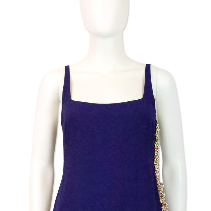 Dries Van Noten Purple Floral Beaded Sleeveless Midi Dress